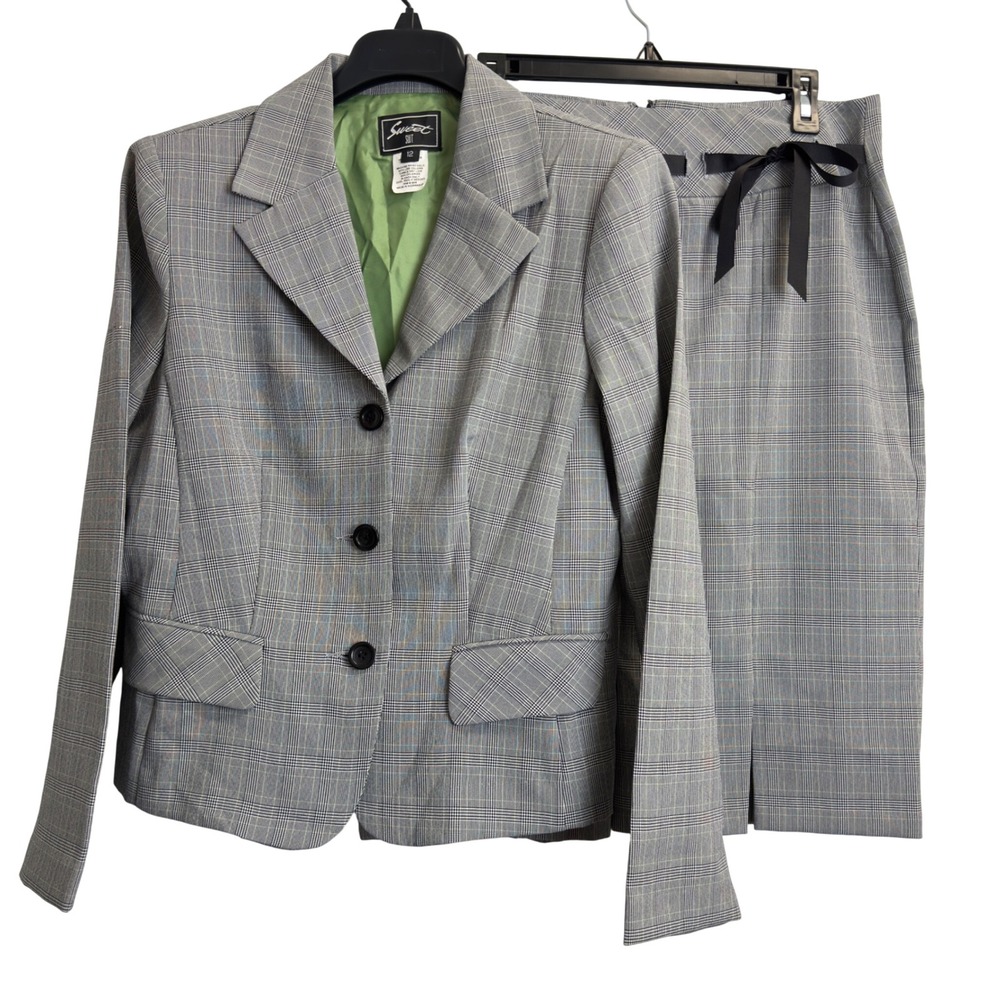 Sweet Suit Womens Grey Glen Plaid 2‎ Piece Skirt Suit Set Blazer Size 12 Vintage